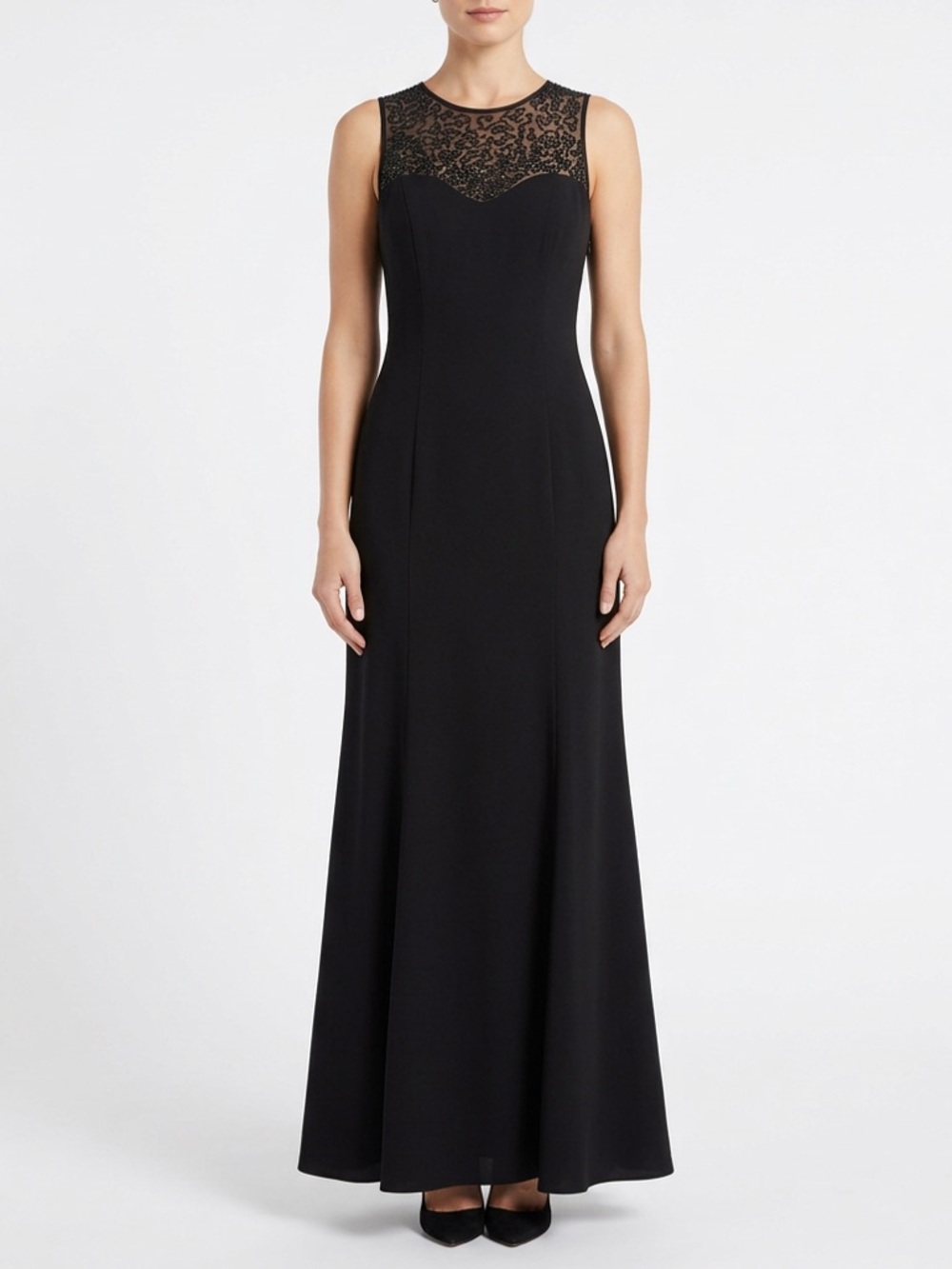 Jones New York Black Lace Maxi Dress 8 Formal Prom Wedding Guest Illusion Gown